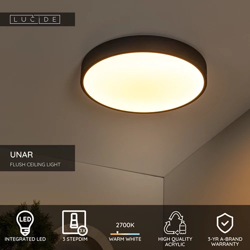 Lucide UNAR - Flush ceiling light - Ø 39,5 cm- LED 3 StepDim - 1x24W 2700K - Black - USP